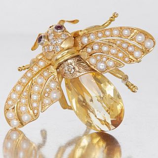 LARGE CITRINE, PEARL AND DIAMOND INSECT BROOCH