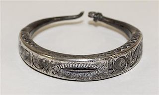 A Middle Eastern Silver Bangle Diameter of exterior 3 inches.