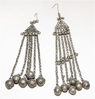 A Pair of Bedouin Silver Earrings Length of each 8 inches.