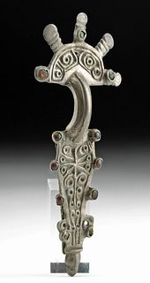 Stunning Frankish Silver Bow Fibula w/ Glass Inlays
