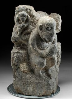 Chinese Ming Dynasty Stone Baluster Monkeys w/ Fruit