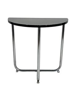 Machine Age Black Lacquered Wood and Chromed Steel Demilune Table