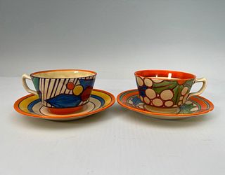 Two Clarice Cliff Tea Cups and Saucers