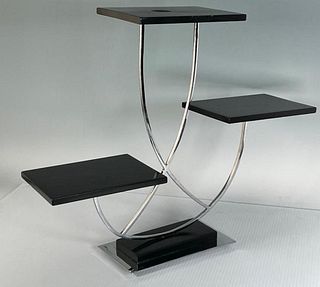 Black Lacquer and Chrome Three Tiered Display Stand