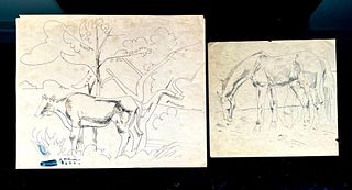 Two William Sommer Pen and Ink Drawings, Horse and Cow