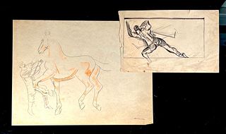 Two William Sommer Drawings, Horse and Trainer, Figure in Movement