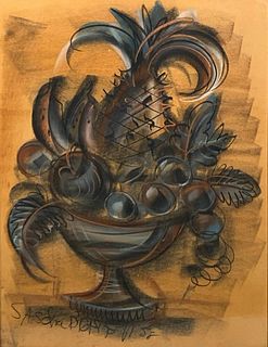 Sascha Brastoff Chalk Drawing, Pineapple and Fruit in a Bowl