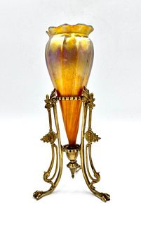 Tiffany Favrile Glass Attributed Vase in Bronze Stand