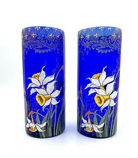 Pair of Enameled Glass Vases, Daffodils