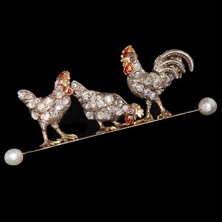 VICTORIAN DIAMOND ENCRUSTED, ENAMEL AND RUBY EYED CHICKEN AND COCKEREL BROOCH
