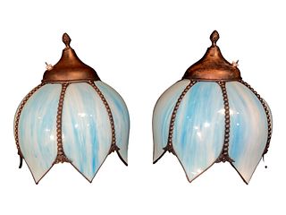 Pair Blue Tulip Stained Glass Sconces 