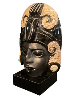 Black Onyx, Obsidian, Sterling Silver & Turquoise Aztec Mayan Figural Statue