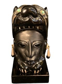 Black Onyx, Obsidian, Sterling Silver & Turquoise Jaguar Head Figural Statue