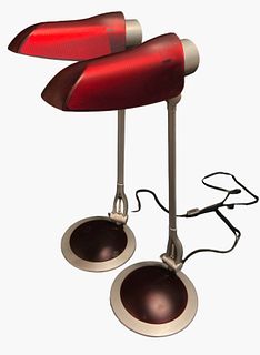 Pair Post Modern Articulating Red Desk Lamps