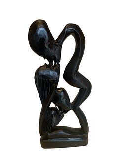 Post Modern Kissing Couple Carved Wood Statue 