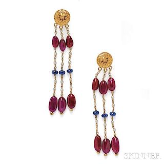 18kt Gold, Ruby, Sapphire, and Pearl Earpendants