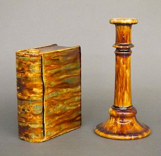 Rockingham candlestick and flask