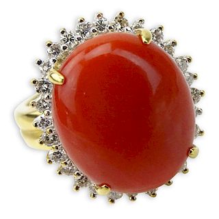 Vintage Cabochon Red Coral, .59 Carat Round Brilliant Cut Diamond and 18 Karat Yellow Gold Ring