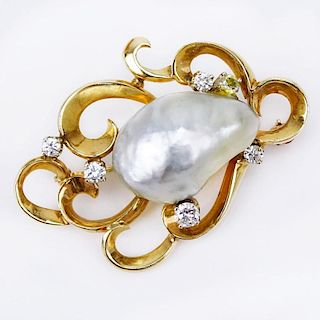 Vintage 14 Karat Yellow Gold, Large Baroque Pearl and Round Brilliant Cut Diamond Pendant/Brooch