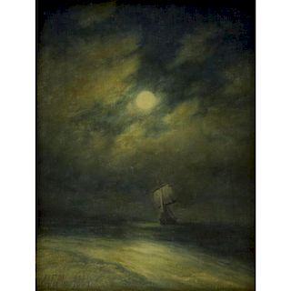 19th Century Russian Oil on canvas laid on board or on canvas board. "Ship On Moonlit Sea"