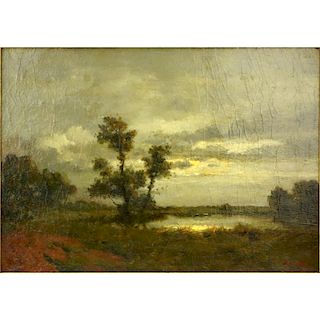 19th Century Barbizon School Oil on Canvas, Moonlit Landscape