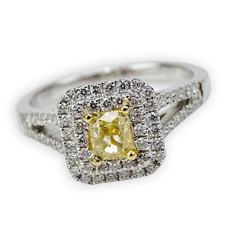 .50 Carat Cushion Cut Natural Fancy Yellow Diamond, .41 Carat Round Cut Diamond and 18 Karat White Gold Ring