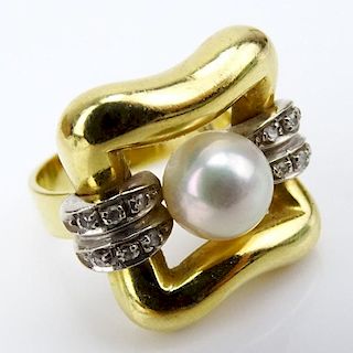 Vintage Italian 18 Karat Yellow Gold, Pearl and Diamond Ring