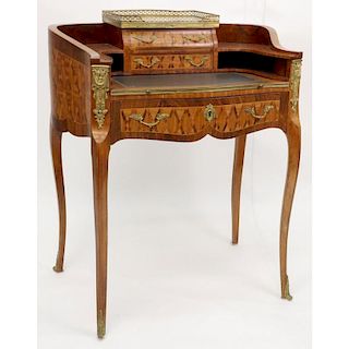 Antique French Bronze Mounted Rosewood Marquetry Inlay 3 Drawer Leather Top Kidney Shaped Writing Desk