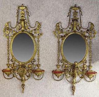 Large Pair of Good 19th Century English Adam style Carved and Gessoed Giltwood Three Light Girandole Mirrors with Beveled glass