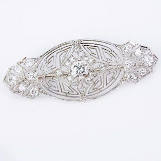 Antique Approx. 1.25 Carat Diamond and 14 Karat White Gold Bar Brooch with Delicate Filigree Work