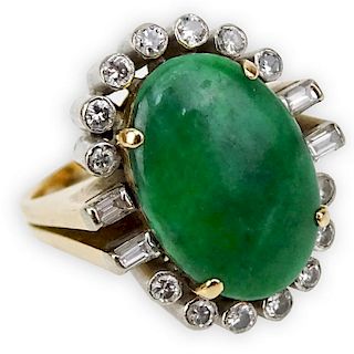 Vintage Oval Cabochon Cut Jadeite, Round Brilliant and Baguette Cut Diamond and 14 Karat Yellow Gold Ring