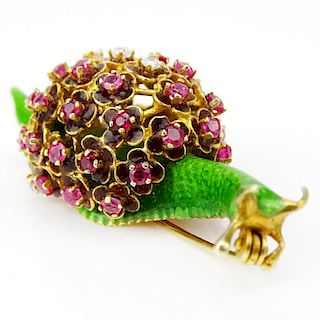 Vintage Enameled 14 Karat Yellow Gold Snail Brooch with Small Ruby and Diamond Accents