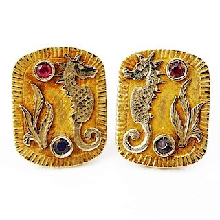 Vintage 18 Karat Yellow Gold Seahorse Earclips with Small Ruby and Sapphire Accents