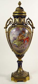 Large 19/20th Century Hand Painted Bronze Mounted Sevres Urn with Lid