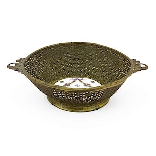 Early 20th Century French Style Handled Bronze Woven Bowl with Porcelain Insert