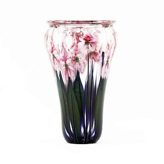 John Lotton, American (20th C.)  V Shaped Pink Tulip Art Glass Vase
