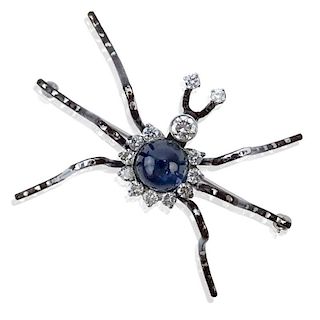 Contemporary Round Brilliant Cut Diamond, Large Star Sapphire and 14 Karat White Gold Spider Brooch