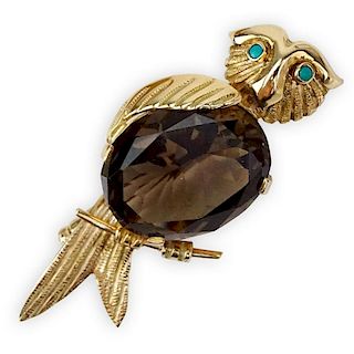 Vintage Oval Cut Smoky Quartz and 14 Karat Yellow Gold Owl Brooch with Turquoise Eyes
