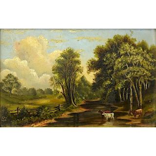19/20th Century American School Oil on Canvas "Cows by the Stream"