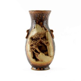 19/20th Century Oriental Glazed Pottery Vase with Carved Village and Mock Ring Handles