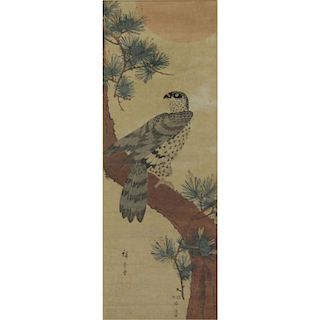 19th Century Japanese Hawk on Matsu Tree Scroll Painting on Paper