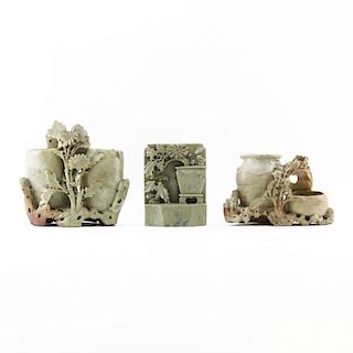 Grouping of Three (3) Chinese Carved Soapstone Relief Cravings