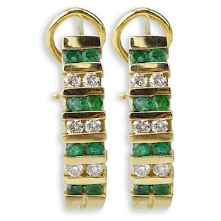 Vintage Emerald, Diamond and 14 Karat Yellow Gold Earrings