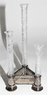 * A Pairpoint Etched Glass and Silver-Plate Bud Vase Height 12 1/4 inches.