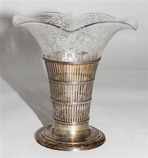 * An American Etched Glass and Silver Trumpet Vase, Watson & Co. Height 7 inches.