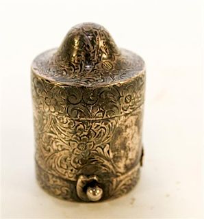 An American Silver Match Safe, 19th Century, of cylindrical form with a domed lid, engraved throughout with floral decoration.