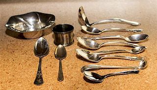 A Collection of Silver and Silver-Plate Flatware Articles, Various Makers, comprising: 1 serving spoon 15 teaspoons 1 sugar tong