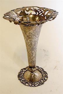 An American Silver Trumpet Vase, J.E. Caldwell & Co., Philadelphia, PA, circular with pierced upper and lower borders, the body
