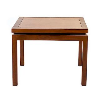 * A Dunbar Walnut Side Table Height 21 1/8 x width 27 1/8 x depth 27 1/8 inches.