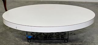 A Contemporary White Laminate and Iron Low Table Diameter 39 inches.